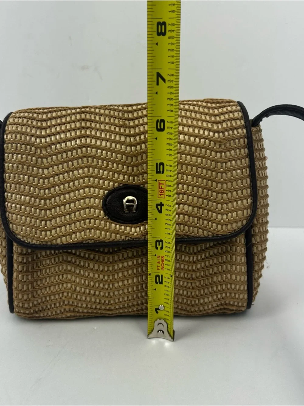 Etienne Aigner Woven Straw Crossbody Bag with Black Trim horseshoe logo
